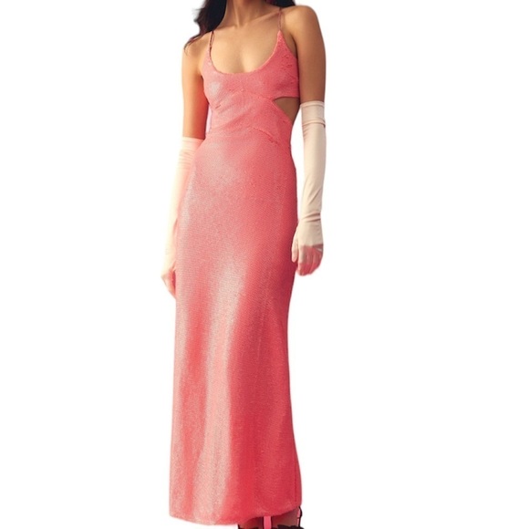 Love the Label- NWT Sequin Barbie Pink Scoop Neck Cutout Maxi Dress - Picture 1 of 10